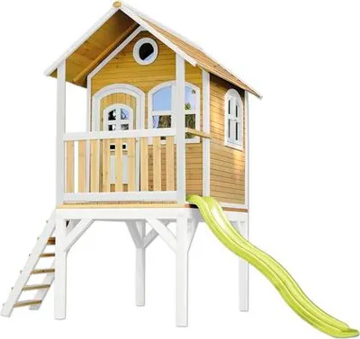 Image de Axi Laura Maison Enfant Avec Toboggan Vert Citron | Aire De Jeux Pour L'Extérieur En Marron & Blanche | Maisonnette / Cabane De Jeu En Bois