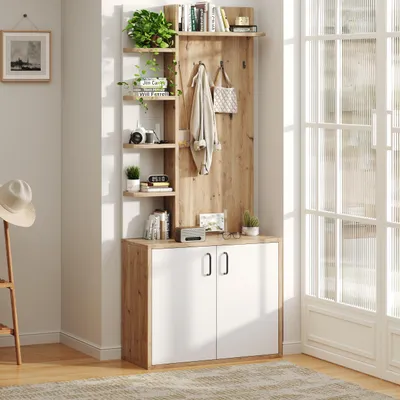 Image de OKWISH Meuble d'Entrée avec 6 Niches Ouvertes et 1 Placard Fermé - Aggloméré - 75x33x180 cm - Nature