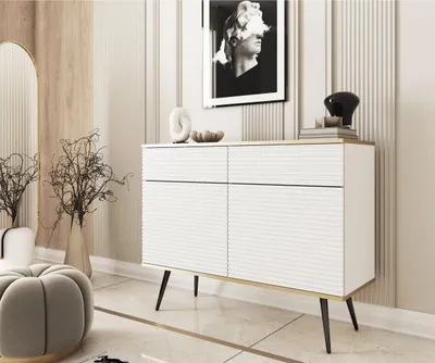 Produktbild von 2-türig Kommode Gloss im glamour Stil Sideboard mit gerilltem Fronten Schrank mit Regalen und Schubladen modern Sideboard mit goldenen Zusätzen, Farbe: Weiß, Schwarz
