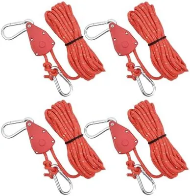 Produktbild von 4 Stück Abspannseile Camping 6mm, Abspannleine Reflektierend 5M, Zelt Seil Ratsche, Zeltschnur mit Spanner Einstellbare, Ratchet Hanger für Zelt Sonnensegel Wandern Pflanzenlampe (Rot, 5M)