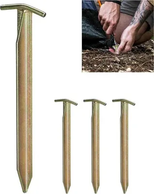 Produktbild von Famanu Zeltpflock Set 4 T-förmige verzinkte Stahlpflöcke - 30 cm lang - Gold