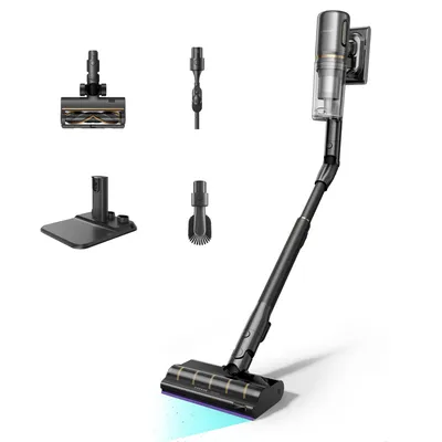 A cordless stick vacuum cleaner with multiple attachments, displayed against a white background.