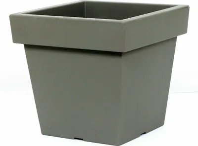 A square, gray plastic planter pot is shown against a white background.