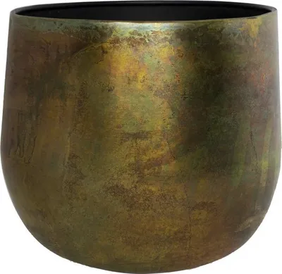 A close-up shot of a decorative metal pot with a bronze and green patina.