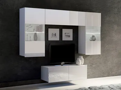 Produktbild von Wohnwand CALABRINI-10 Wohnzimmer-Set Hängewohnwand Schrankwand mit LED-Beleuchtung TV-Schrank Vitrine Moderne Anbauwand Hochglanz (Weiß)