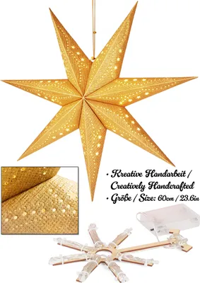 A golden star-shaped lantern with lights, shown hanging, with a close-up of its texture and a disassembled view of its internal components and battery pack.