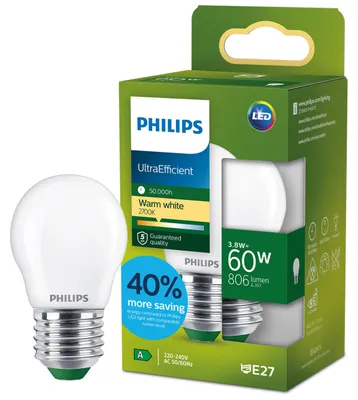 Obrázek produktu pro Philips Žárovka s tradičním vzhledem, mléčná lustrová, 60 W, P45, E27, 3,8 W, 60 W, E27, 806 lm, 50000 h