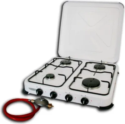 Produktbild von Camping Gaskocher Hochwertiger 4 flammiger Kocher Campingkocher / Lieferung inklusive 80cm Anschlussschlauch und Druckminderer - Arbeitet mit Propangas - Gasherd Gasofen