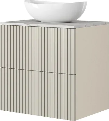 Produktbild von Badezimmer Waschtisch mit 60 cm Breite in kaschmir mit marmorierter Waschtischplatte & gerillter Front, Aufsatzwaschbecken & 2 Schubladen - NAVASOTA-141
