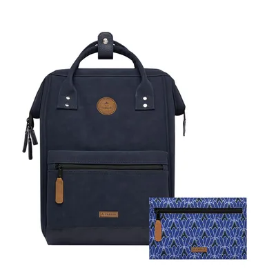 A navy blue Cabaïa rucksack and a patterned pouch are displayed against a white background.