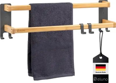 Obrázek produktu pro věšák na ručníky eluno se 2 držáky na ručníky a 6 háčky - samolepicí věšák na ručníky, vyrobený z šedého kovu a bambusu