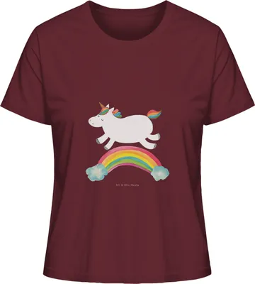 Produktbild von Mr. & Mrs. Panda Damen T-Shirt Einhorn Regenbogen Größe L - Burgundy - Geschenk, Sommershirt, Kurzarmshirt, Basic Shirt, Einhornpower, Unicorn, Oberteil, Glitzer