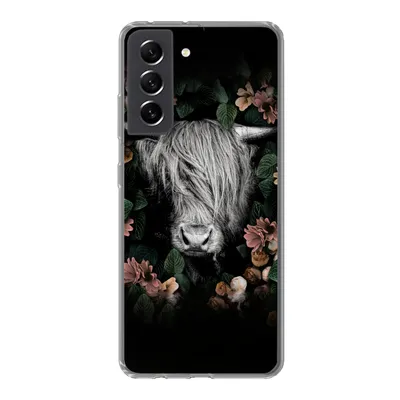 Produktbild von MuchoWow® Handyhülle Schutzhülle Hülle für Samsung Galaxy S21 FE Schottischer Highlander - Blumen - Rosa Silikon Softcase Handy Hülle - Mobiltelefonhülle