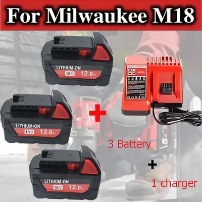 Produktbild von M18 18V Akku - Li-Ion Ersatzakku - 12,0Ah 12000 mAh Hochkapazität - Hochleistungsakku - Kompatibel mit M18 Werkzeugen - Set mit 3 Ladegeräten