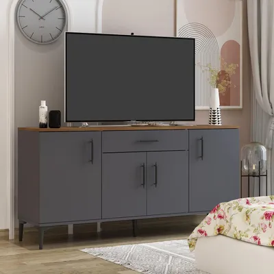 Image de HOMIDEA LAURA : Buffet avec 4 portes et 1 tiroir – Meuble de rangement moderne pour salon et salle à manger, dimensions 160 x 78,6 x 40 cm (chêne/anthracite)