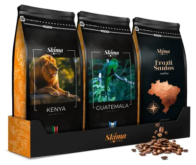 Produktbild von Kaffeebohnen 3 x 1 kg KENIA/GUATEMALA/BRASILIEN SANTOS ARABICA frisch geröstet + Tassenuntersetzer