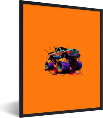 Produktbild von MuchoWow® Gerahmtes Poster Monstertruck - Neon - Farbe - Orange 60x80 cm - Poster mit Schwarzem Bilderrahmen Wandposter Rahmen Foto Bilder - Premium - Wanddeko Wohnzimmer