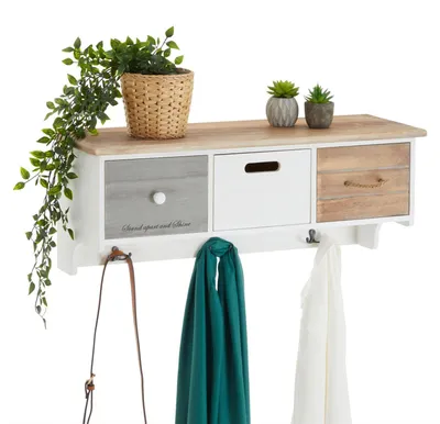 Produktbild von Wandgarderobe SALVA in weiß im angesagtem Vintagelook , moderne Garderobenleiste, Hängegarderobe mit 3 Schubkästen und Haken