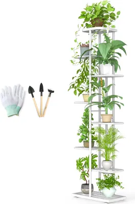 Image de Étagère pour plantes - Support pour plantes - Support pour fleurs - 8 étages - Étagère de jardin en métal - avec outils de jardinage & gants - pour l'intérieur et l'extérieur - Plusieurs niveaux de fleurs - pour balcon - jardin - salon - bureau - 41x22x141cm - Blanc