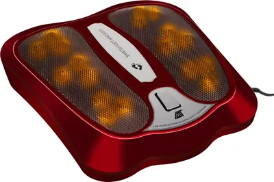 A red electric foot massager with glowing orange massage nodes.