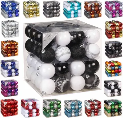 Produktbild von 64x Kunststoff Christbaumkugeln Ø 6cm Kugel Box Glanz Glitzer Matt + Aufhänger Schwarz-Weiß