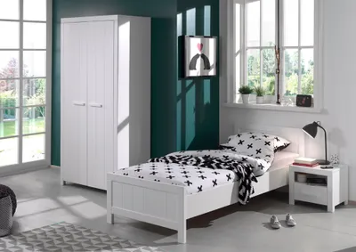 Produktbild von Kinderzimmerbett inkl. Nachtkonsole und Kleiderschrank Set CANNES-12 in weiß lackiert