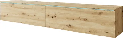 A long, low cabinet with a wood grain finish and a thin glass strip across the top.