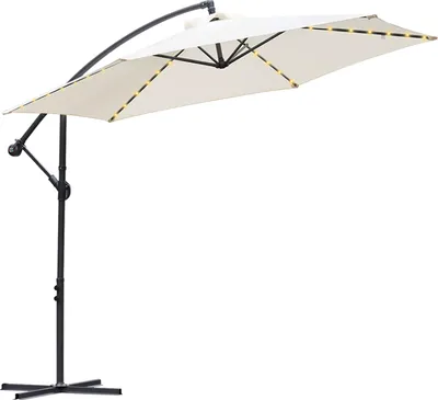 Obrázek produktu pro Jiubiaz Slunečník s LED osvětlením a kličkou 350 cm - ochrana proti UV záření, odpuzující vodu, ohýbatelný - slunečník na trhu - béžový