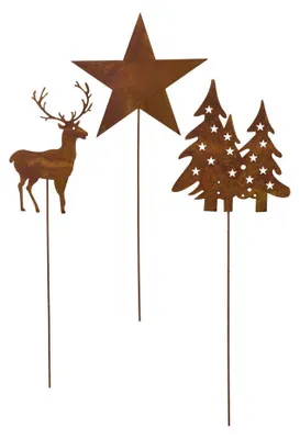 Produktbild von Metall Stecker Hirsch Baum Stern. 3er Set. Rost Dekostecker 40-50cm