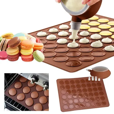 Produktbild von Silikon-Backmatte für Macarons, Antihaftbeschichtung, Backform für 48 Macarons, französisches Macaron-Backset mit Dekorierstift und 4 Spritztüllen für Macarons, Cupcakes und Desserts.