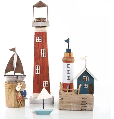 Produktbild von Dekoset 3-teilig aus Leuchtturm + Miniatur Strandhaus + Segelboot