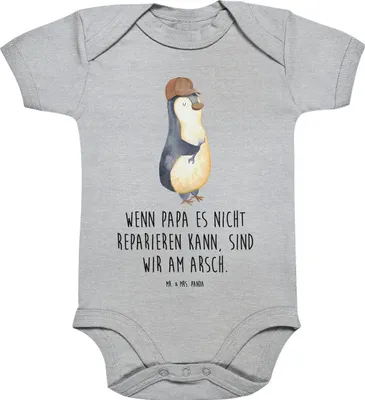 Produktbild von Mr. & Mrs. Panda Strampler Wenn Papa es nicht reparieren kann, sind wir am Arsch 12. - 18. Monat - Heather Grey - Geschenk, Baby, Einteiler, overall, Pinguin, Kurzarmbody