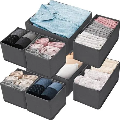 Produktbild von Unyqoos® 8‑teiliges Schubladen-Organizer-Set – faltbare Vliesstoff-Boxen (2×28×28×12, 2×28×14,5×12, 4×14,5×14,5×12 cm) mit Kartonrückwand & Reißverschluss – für Unterwäsche, BHs, Socken