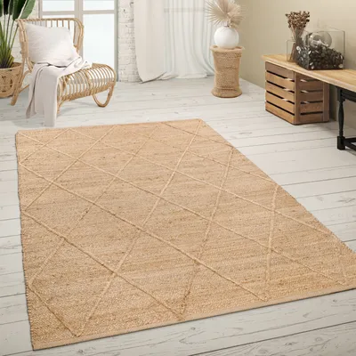 Produktbild von Teppich Wohnzimmer Jute Naturfaser Handgearbeitet Modernes Skandi 3D Muster Grösse 160x230 cm
