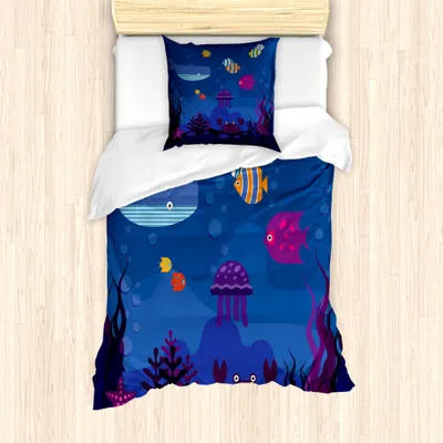 Produktbild von ABAKUHAUS Karikatur Bettbezug Set für Einzelbetten, Aquarium-Fisch-Wal, Milbensicher Allergiker geeignet mit Kissenbezug, 135 cm x 200 cm - 80 x 80 cm, Multicolor und Blau
