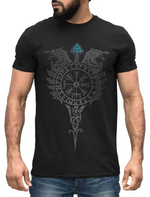 Produktbild von Herren T-Shirt Fenrir Wolf Valknut Vegvisir Wikinger Odin Schwert Runen Kompass nordische Mythologie Neverless® schwarz-grau XL
