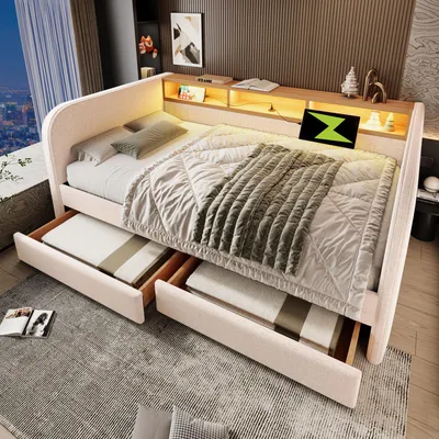 Image de MODFU Lit Banquette Ado/Enfant 140x190 cm avec Éclairage LED et Rangement Tiroirs - Lit Convertible en Lin et Bois - Sans Matelas - Beige Clair