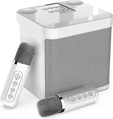Obrázek produktu pro Bluetooth karaoke sada se dvěma bezdrátovými mikrofony, přenosný reproduktorový systém pro oslavy a aktivity, podpora Bluetooth, AUX, USB/TF, bílá barva
