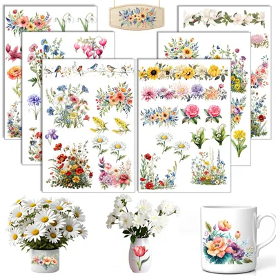 Productafbeelding van Rub-on stickerfolie - Set van 6 met bloemmotieven - Voor decoratie - Formaat A5