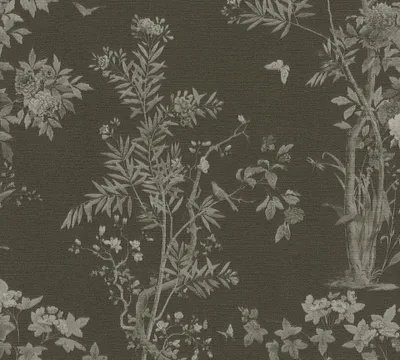 Produktbild von Blumen-Tapete mit Schmetterlinge Schwarz Grau - Vliestapete elegant strukturiert AS-Creation (KG-174681)
