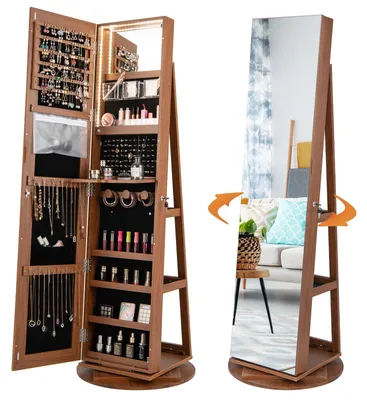 Image de Armoire à bijoux COSTWAY avec éclairage LED, miroir rotatif à 360°, avec cadre sans monture