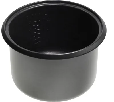 A close-up shot of a black inner pot for a rice cooker.