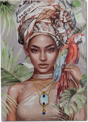 Produktbild von Wanddeko Wandbild Leinwandbild Afrikanerin mit Papagei Vogel Deko Bild Frau Dame