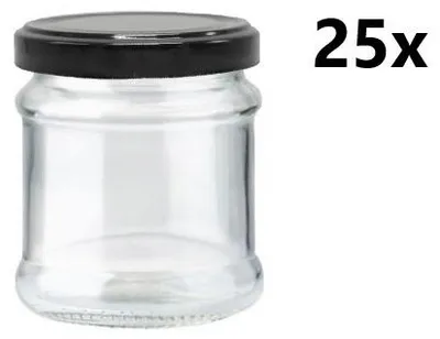 A single clear glass jar with a black lid is shown against a white background, with the text '25x' to the right.