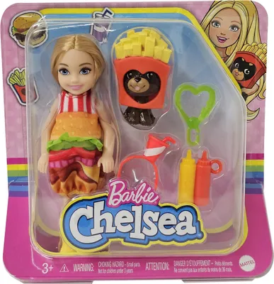 Image de Barbie GRP69 You Can Be Anything Chelsea Poupée fille blonde avec tenue de hamburger Chien Frites Ketchup Moutarde en tube pour enfants
