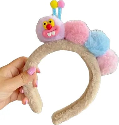 Produktbild von Raupen-Haarreif für Mädchen, flauschig, Cartoon-Form, kräftige Farben, Make-up-Reinigung, Gesicht, Haargummi, Haarstyling-Accessoire