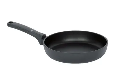 A black frying pan with a black handle is shown against a white background.