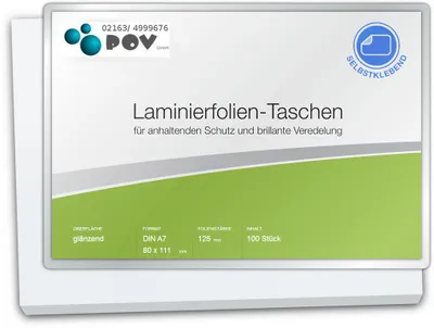 Produktbild von Laminierfolien A7 (80 x 111 mm), 2 x 125 mic, glänzend, mit selbstkl. Rückseite