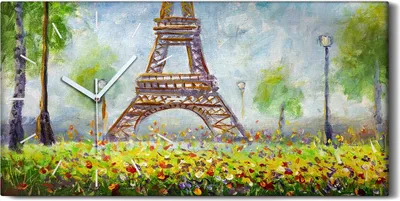 Produktbild von Küche Wohnzimmer Wand Leinwand Uhr 60x30 Gemälde Blumen Bäume Eiffelturm - weiße Hände