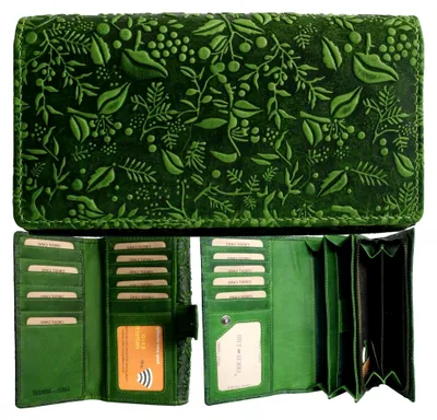 Produktbild von Hill Burry hochwertige Vintage Leder Damen Geldbörse Geldtasche Portemonnaie langes Portmonee Geldbeutel aus weichem Leder von außen - 17,8 x 9,9 x 3,8 cm (B x H x T) (Grün)